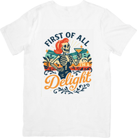 Thumbnail for First Of All Im A Delight Skeleton T-Shirt | Vintage Hypebeast Halloween Graphic Tee | Spooky Humor Gift