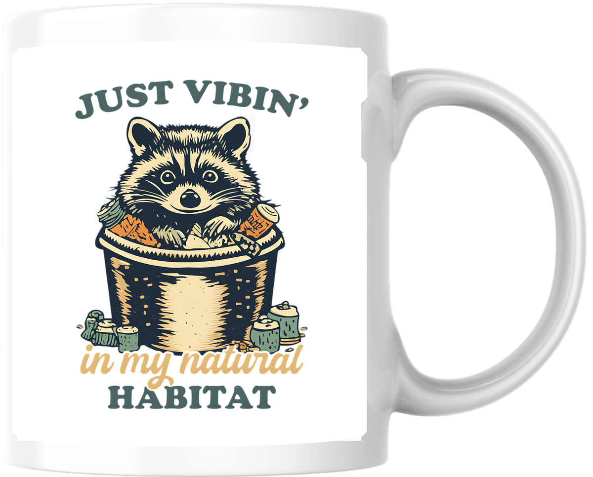 Just Vibin Raccoon Mug | Funny Trash Can Retro Coffee Mug | Animal Lover Gag Gift