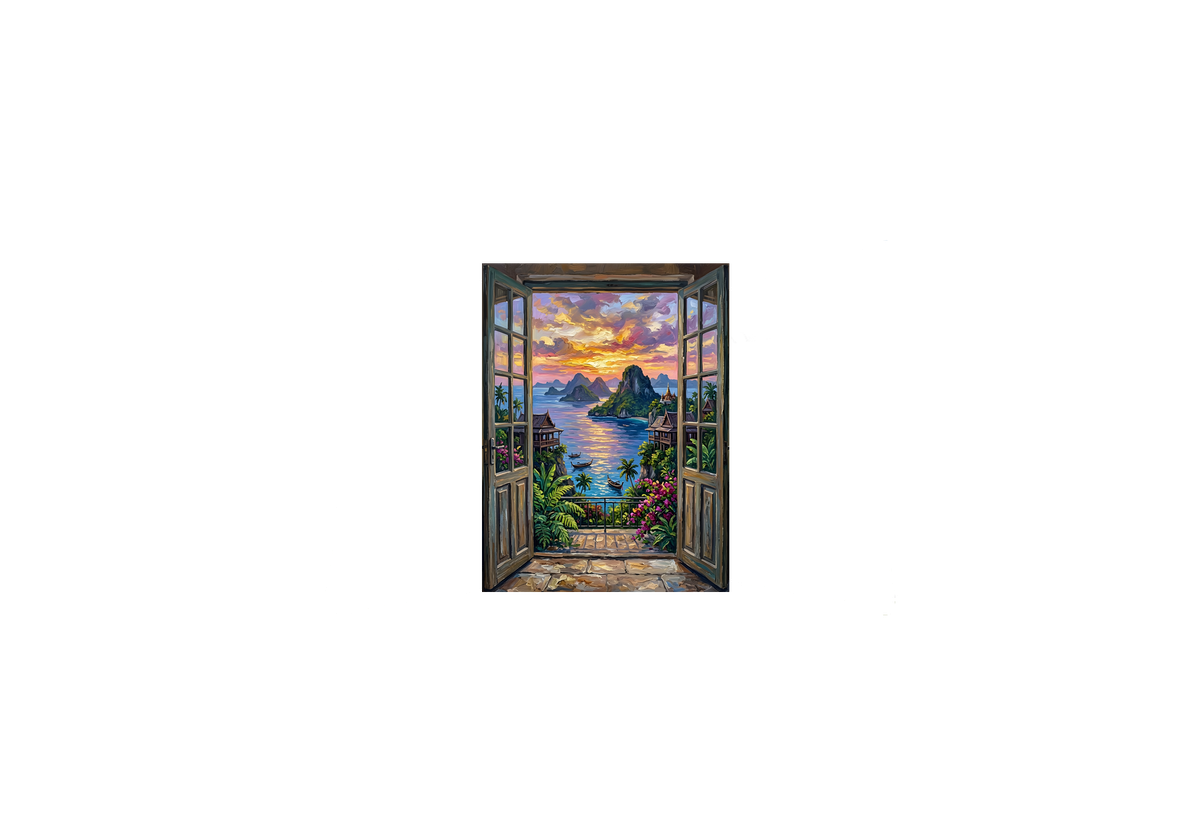 Tropical Sunset Window Throw Pillow | Scenic Ocean View Decorative Pillow | Coastal Home Gift