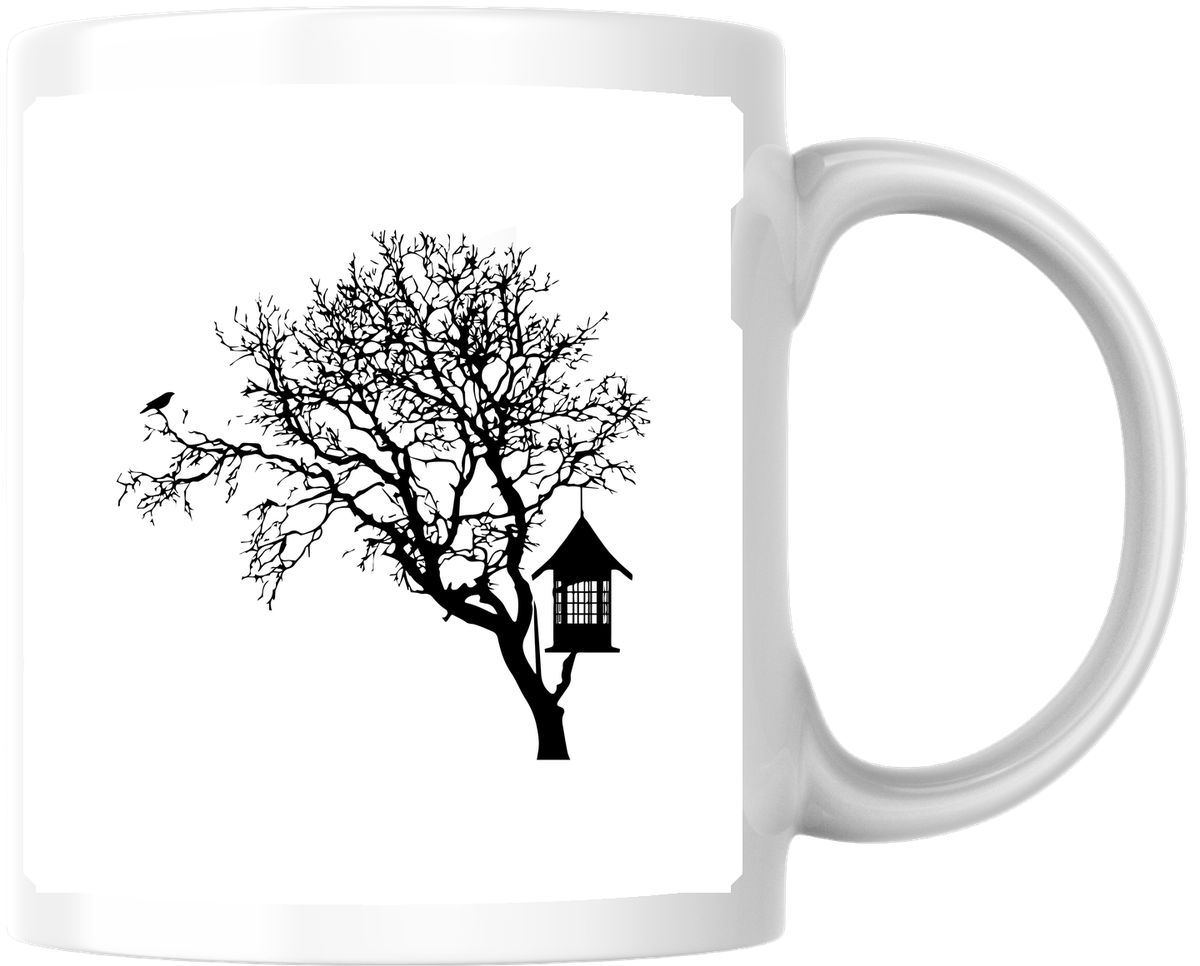 Bare Tree Birdhouse Mug | Minimalist Silhouette Coffee Mug | Nature Bird Lover Gift