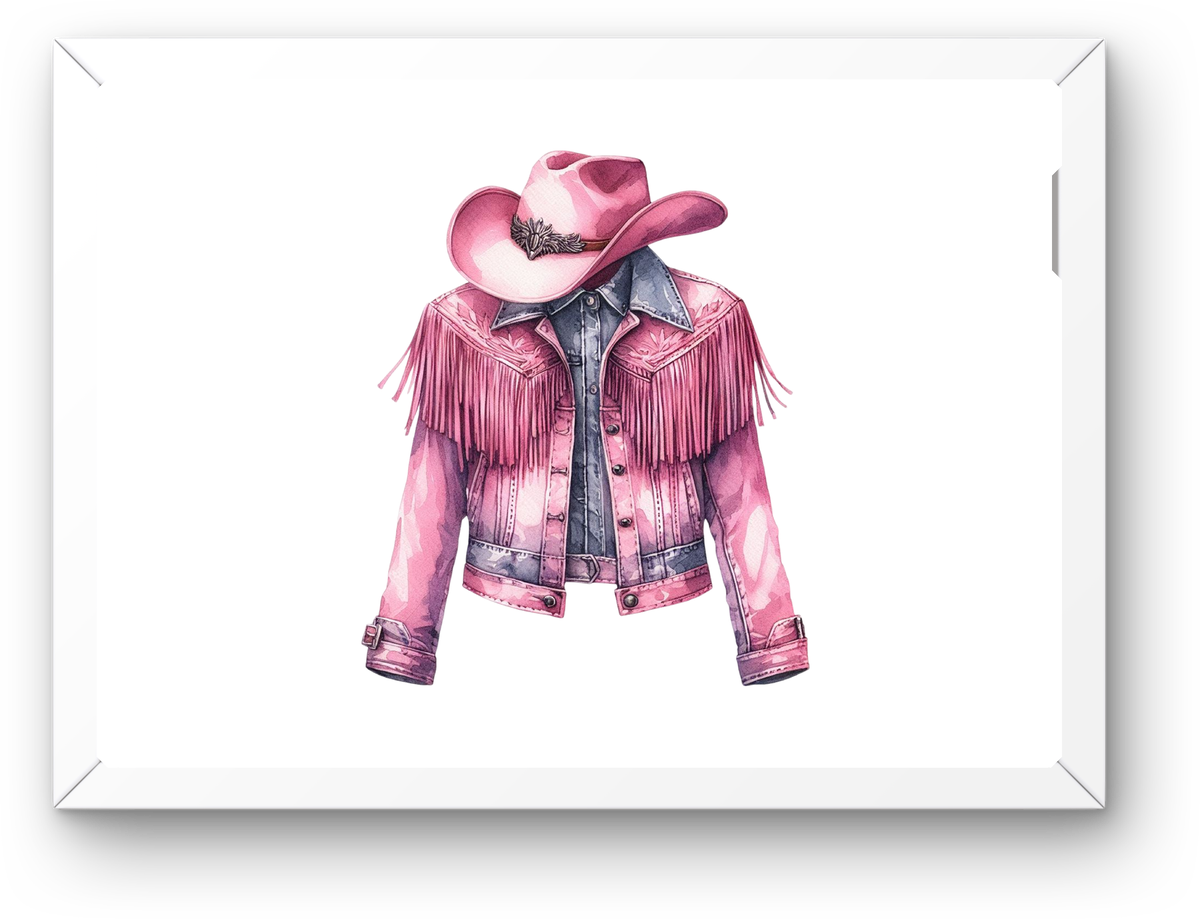 Pink Cowgirl Outfit Wall Art | Fringe Jacket Cowboy Hat Watercolor Print | Western Decor Gift