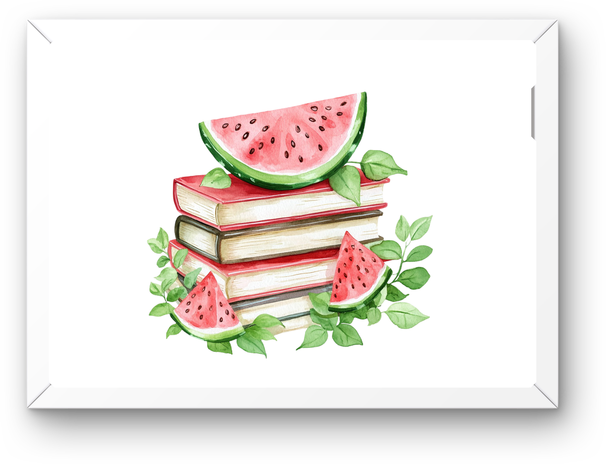 Watermelon Book Stack Wall Art | Summer Fruit Watercolor Print | Reading Nook Gift