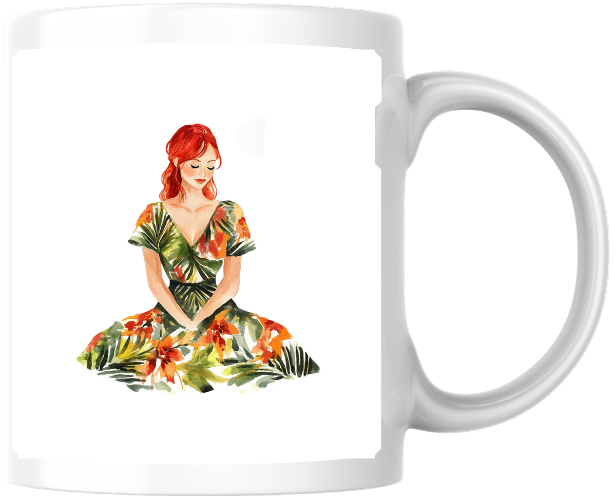Tropical Floral Dress Woman Mug | Boho Meditation Coffee Mug | Yoga Lover Gift